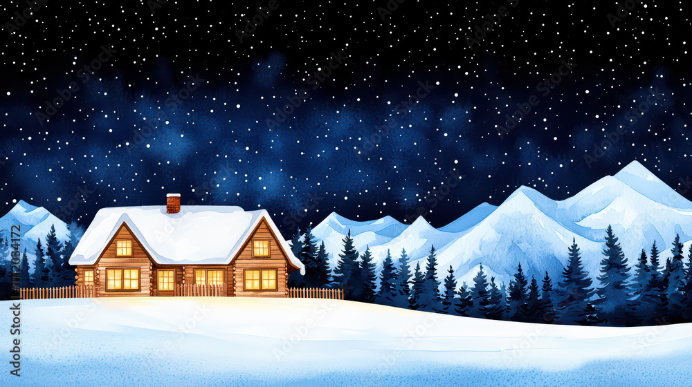 Fototapeta premium serene winter scene featuring cozy mountain lodge surrounded by snow covered trees and mountains under starry night sky