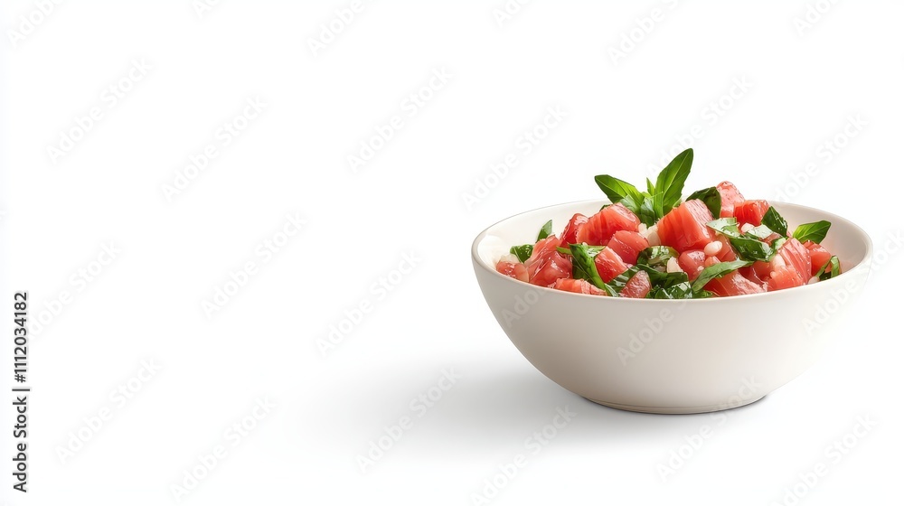 Fresh Salsa with Diced Tomatoes, Basil, and Onion in White Bowl Fresh Salsa with Diced Tomatoes, Basil, and Onion in White Bowl