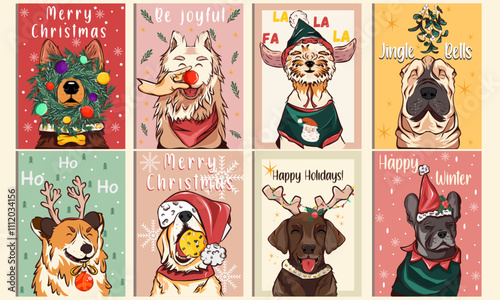 Christmas new year dogs in cartoon style. Holiday gifts, fluffy dogs for posters, postcards, t-shirt. Holiday seasonal vector postcards in retro groovy style. Picture for wall and for printing