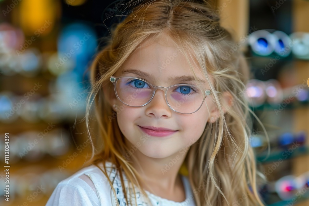 A blonde girl wears stylish glasses and smiles at an optic store with vibrant background, highlighting fashion, happiness, and the joy of finding a perfect fit. A blonde girl wears stylish glasses and smiles at an optic store with vibrant background, highlighting fashion, happiness, and the joy of finding a perfect fit.