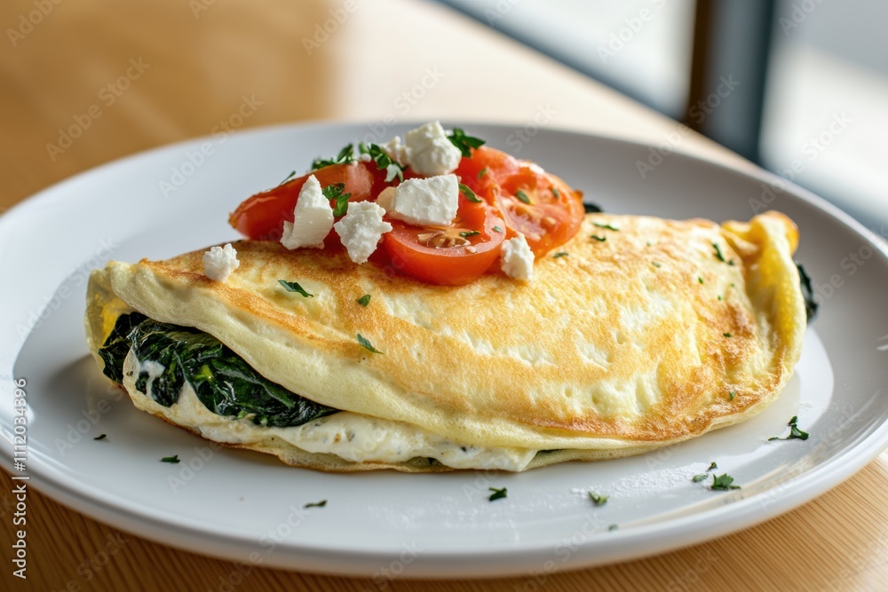gourmet breakfast display, an appetizing spinach, tomato, and feta cheese omelette on a rustic wooden table bathed in sunlight through large windows gourmet breakfast display, an appetizing spinach, tomato, and feta cheese omelette on a rustic wooden table bathed in sunlight through large windows