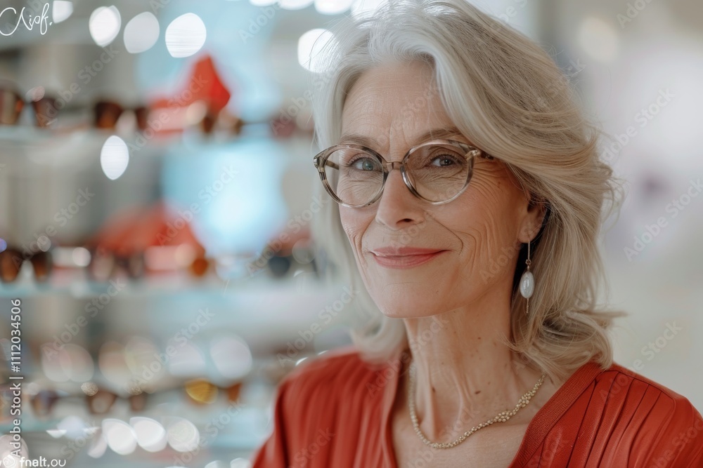 An elderly woman, smiling warmly, stands in a well-lit eyeglass store filled with various sunglasses, exuding confidence and charm amidst her stylish attire. An elderly woman, smiling warmly, stands in a well-lit eyeglass store filled with various sunglasses, exuding confidence and charm amidst her stylish attire.