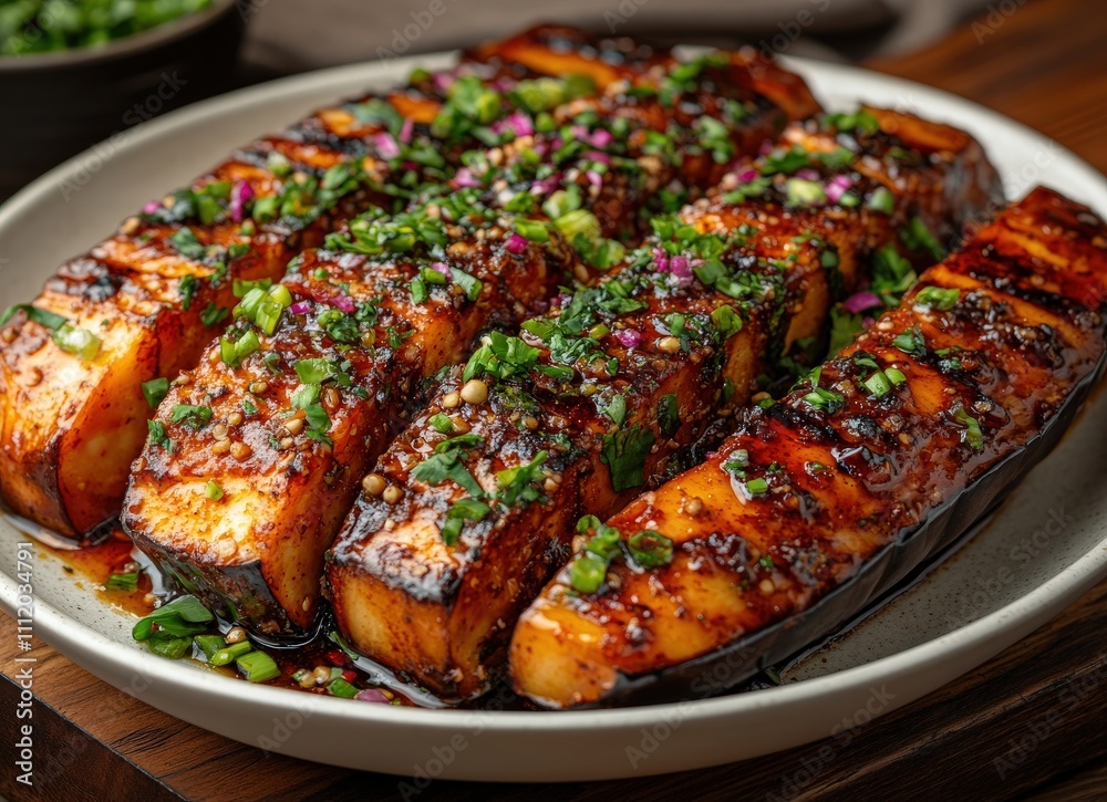 Close-up of grilled eggplant steaks, seasoned with herbs and a savory glaze, arranged on a plate. A delicious and vibrant food image perfect for culinary blogs or restaurant menus. Close-up of grilled eggplant steaks, seasoned with herbs and a savory glaze, arranged on a plate. A delicious and vibrant food image perfect for culinary blogs or restaurant menus.