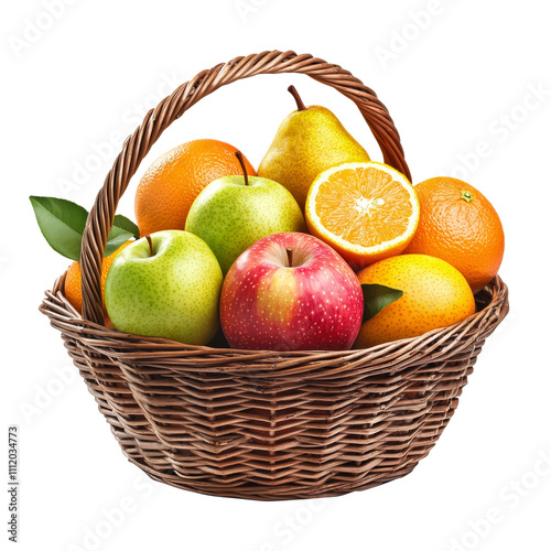 Fruit basket with apples, oranges, and pears, isolated on a white background