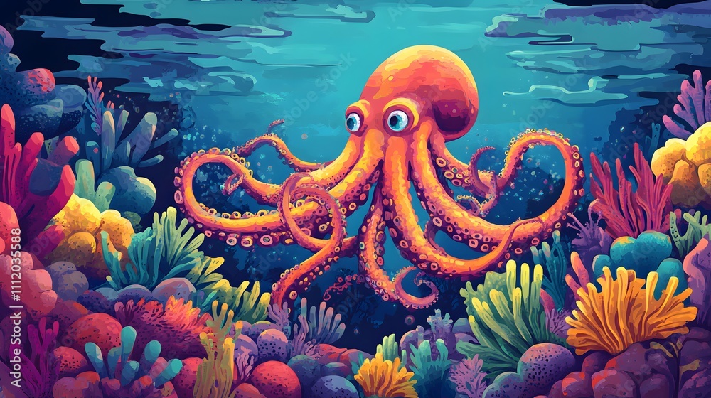 Obraz premium Octopus and beautiful underwater scenery, Underwater Scene with Incredible Commotion of an Octopus