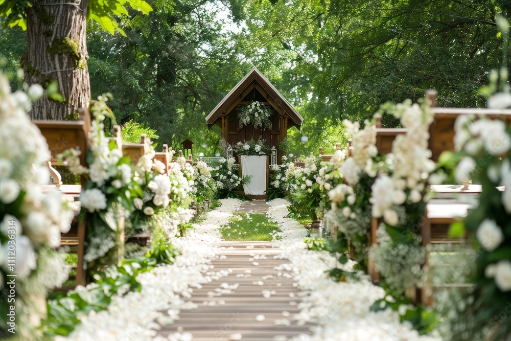 White rose petals line a wooden aisle leading to a rustic structure adorned with greenery, set amidst trees, offering a charming outdoor wedding atmosphere. White rose petals line a wooden aisle leading to a rustic structure adorned with greenery, set amidst trees, offering a charming outdoor wedding atmosphere.