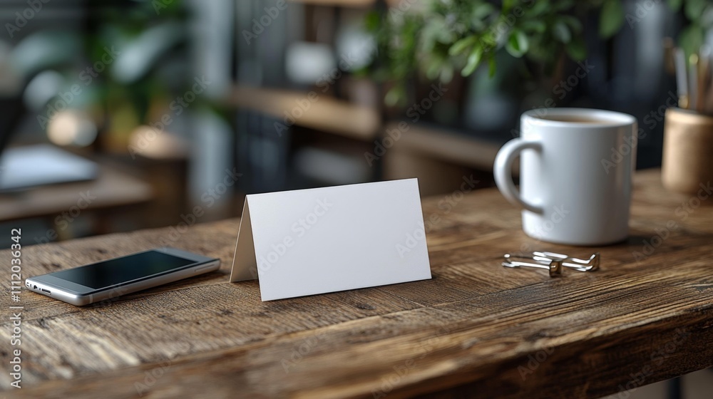 Business card mockup on an office desk with coffee mug smartphone and paperclips. Generative AI Business card mockup on an office desk with coffee mug smartphone and paperclips. Generative AI