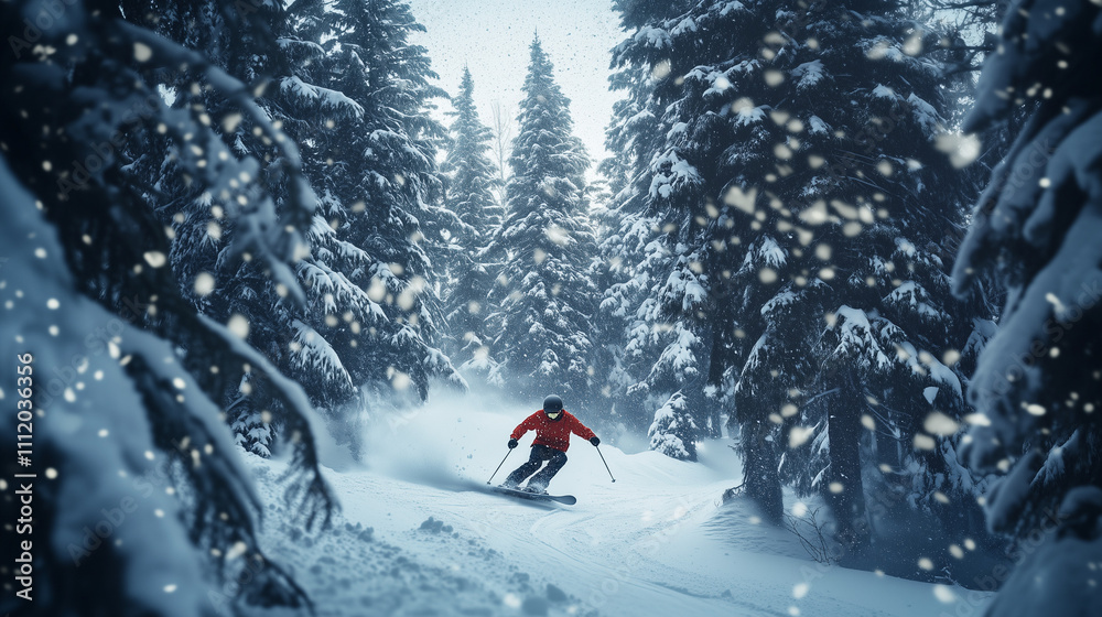 Snowboarder in action carving through deep snow on a forested slope Snowboarder in action carving through deep snow on a forested slope