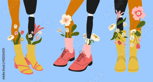 Female legs, including a prosthetic leg, styled in boots with floral details and high socks, showcasing cool and trendy footwear