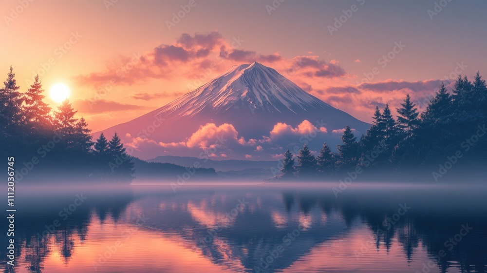 Majestic view of Mount Fuji at sunrise with vibrant colors reflecting in the calm waters below. Majestic view of Mount Fuji at sunrise with vibrant colors reflecting in the calm waters below.
