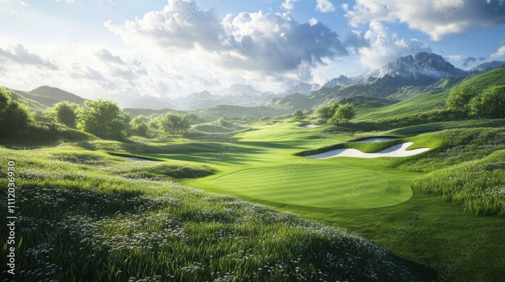 Fototapeta premium A breathtaking view of a lush green golf course surrounded by mountains under a bright blue sky.