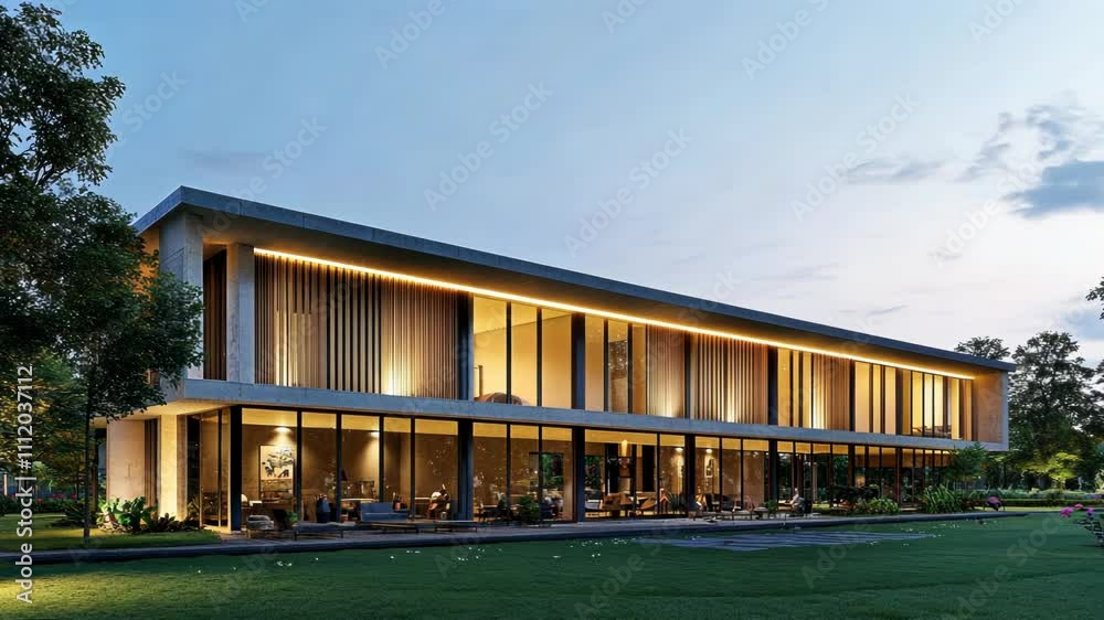 Modern Luxury Home with Large Windows and Evening Landscape View Modern Luxury Home with Large Windows and Evening Landscape View