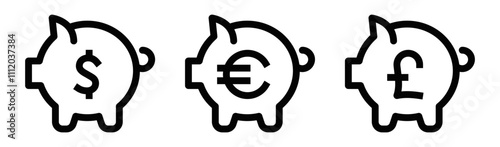 Piggy bank with currency symbols vector icon. Editable stroke.