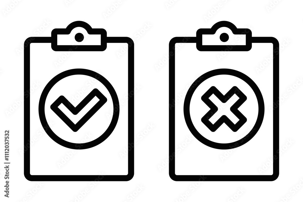 Outline icons of clipboards with check and cross marks. Editable stroke. Outline icons of clipboards with check and cross marks. Editable stroke.