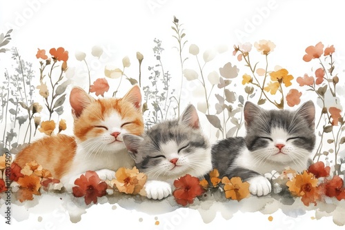 Three sleeping kittens surrounded by colorful flowers in a soft, artistic illustration.