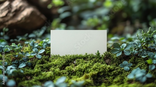 Blank Business Card on Green Moss with Wooden Background Mockup. Generative AI photo