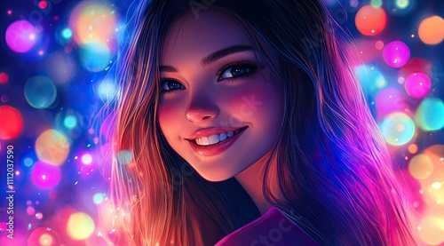 Radiant Beauty: Smiling Girl with Sparkling Eyes Amidst Magical Colorful Lights