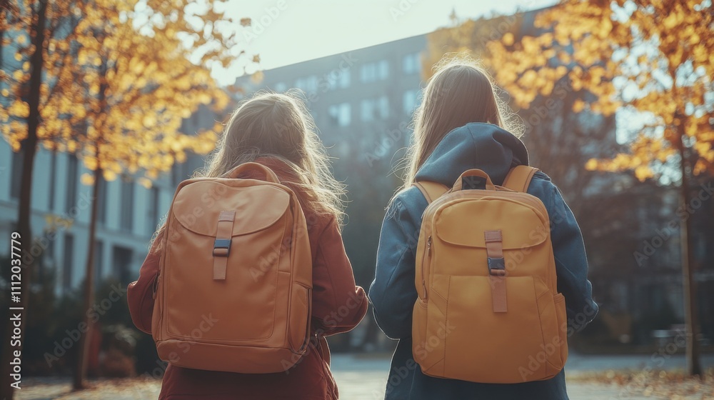 Two girls with backpacks walking in autumn park, golden leaves, outdoor exploration, student life, peaceful surroundings, friendship, seasonal beauty, casual stroll, nature scenery. Two girls with backpacks walking in autumn park, golden leaves, outdoor exploration, student life, peaceful surroundings, friendship, seasonal beauty, casual stroll, nature scenery.
