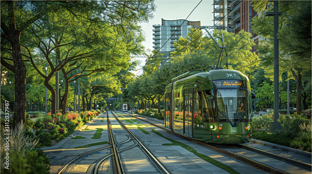 Obraz premium A modern, tram travels down an urban street surrounded by lush trees, bathed in the warm, golden light of a sunset