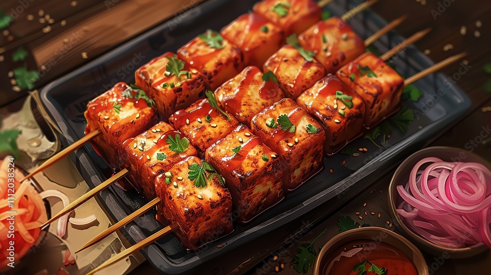 Grilled paneer tikka skewers with red onion and sauce.