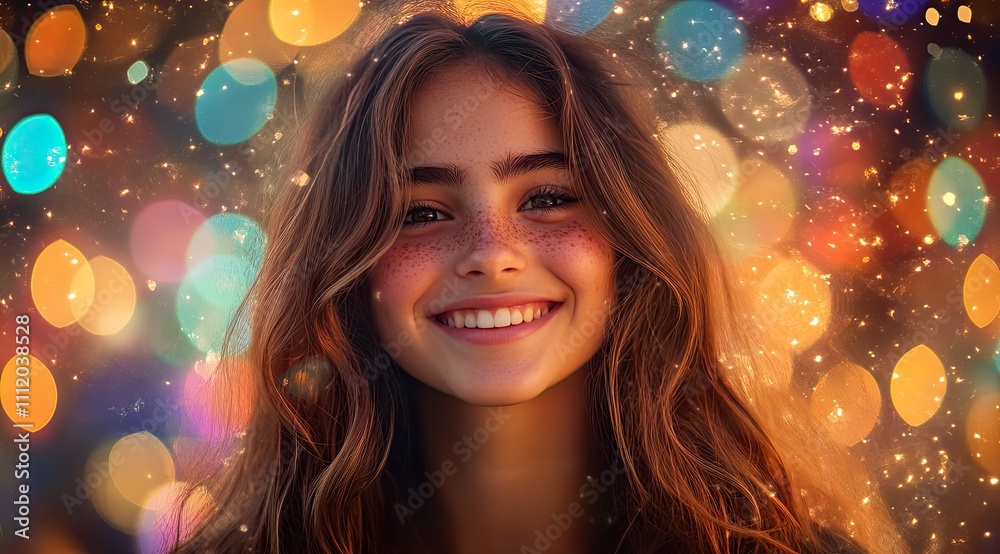 Radiant Beauty: Smiling Girl with Sparkling Eyes Amidst Magical Colorful Lights Radiant Beauty: Smiling Girl with Sparkling Eyes Amidst Magical Colorful Lights