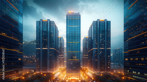 Wallpaper Mural A cluster of modern skyscrapers glowing under the night sky, with glass facades reflecting dynamic light pattern. Torontodigital.ca