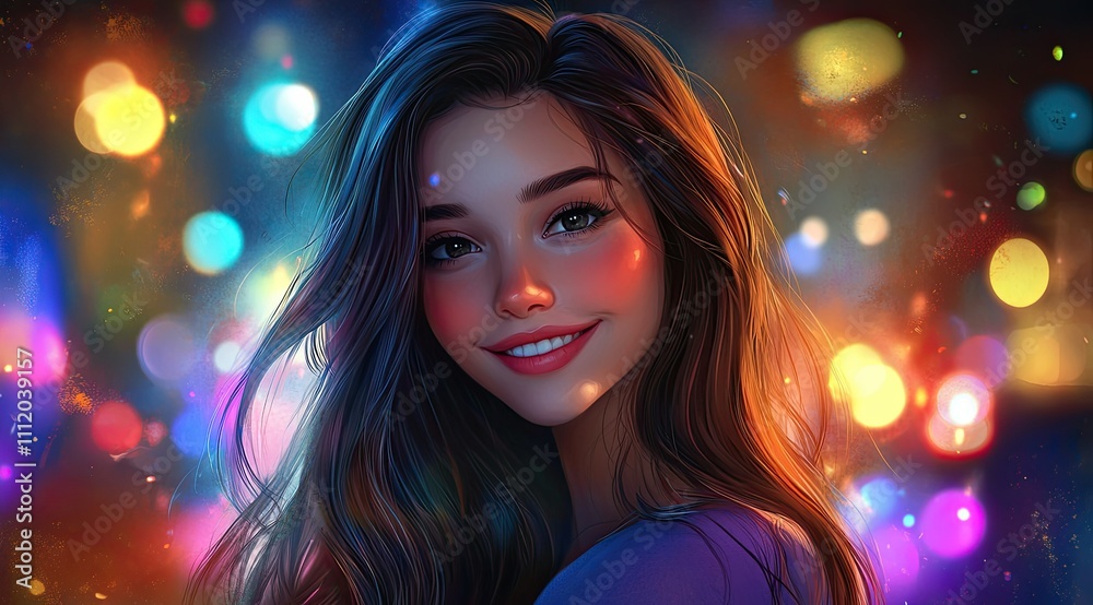 Radiant Beauty: Smiling Girl with Sparkling Eyes Amidst Magical Colorful Lights