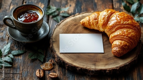 Blank Business Card with Coffee and Croissant Mockup. Generative AI photo