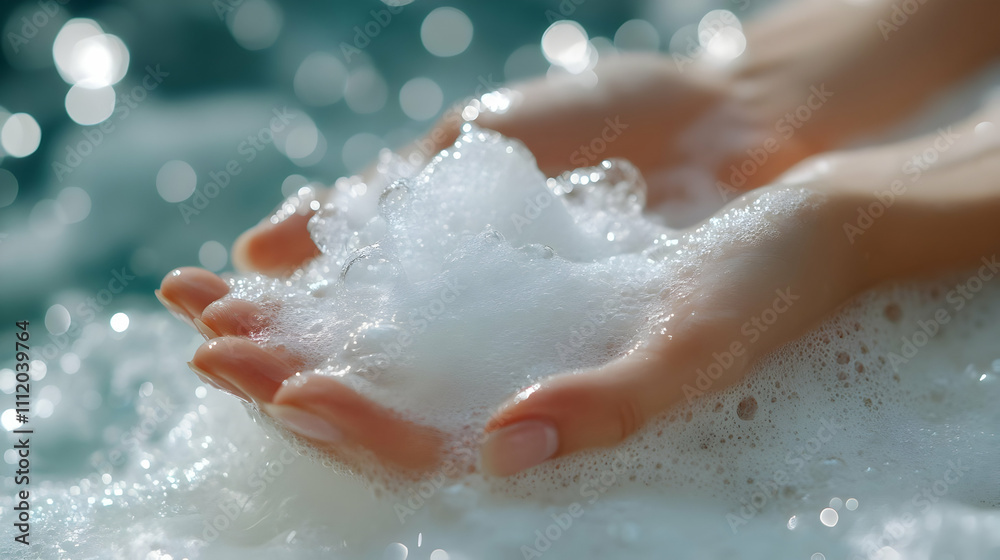Closeup Hands Holding Lather Foam Bubbles Closeup Hands Holding Lather Foam Bubbles
