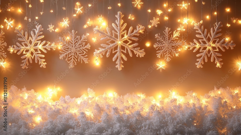 Strings of Glowing Snowflake Lights Isolated on White Background. Generative AI Strings of Glowing Snowflake Lights Isolated on White Background. Generative AI