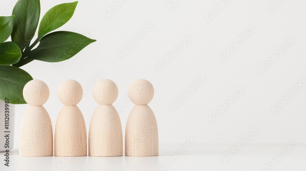 A minimalist display of four wooden figures aligned beside a green plant, symbolizing community and growth. A minimalist display of four wooden figures aligned beside a green plant, symbolizing community and growth.