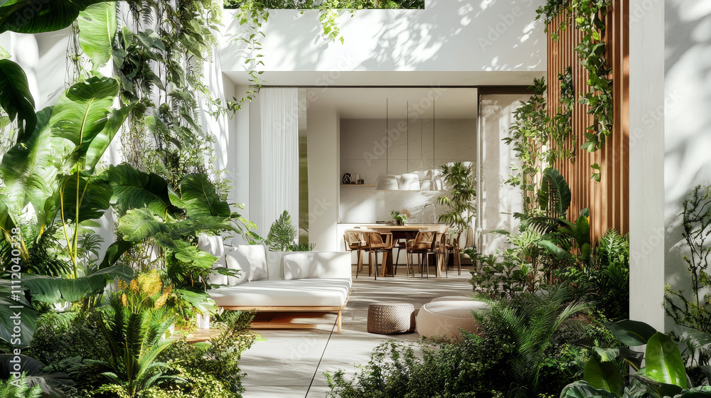 The detailed focus on the terrace includes the texture of the floor, cushions, and plant decorations, emphasizing the outdoor living space The detailed focus on the terrace includes the texture of the floor, cushions, and plant decorations, emphasizing the outdoor living space