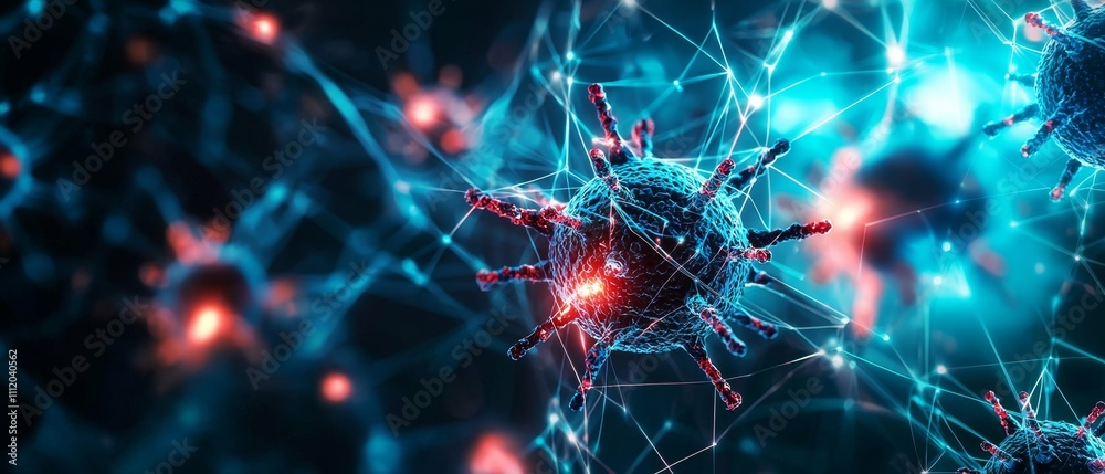A vibrant visualization of a microscopic virus, showcasing intricate details and a luminous network of connections against a contrasting background. A vibrant visualization of a microscopic virus, showcasing intricate details and a luminous network of connections against a contrasting background.