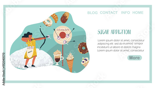 Landing page sugar addiction, hand drawn vector illustration.