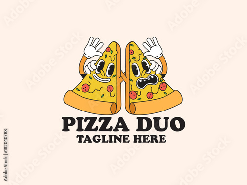 Duo cartoon character of a pizza slice good for logo, brand, groovy mascot, element design, food mascot, food logo