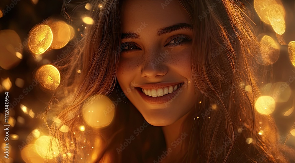Radiant Beauty: Smiling Girl with Sparkling Eyes Amidst Magical Colorful Lights Radiant Beauty: Smiling Girl with Sparkling Eyes Amidst Magical Colorful Lights