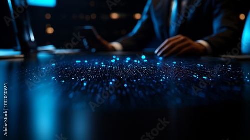 A businessman interacts with a glowing digital interface on a desk, showcasing advanced technology in a dark, modern environment.