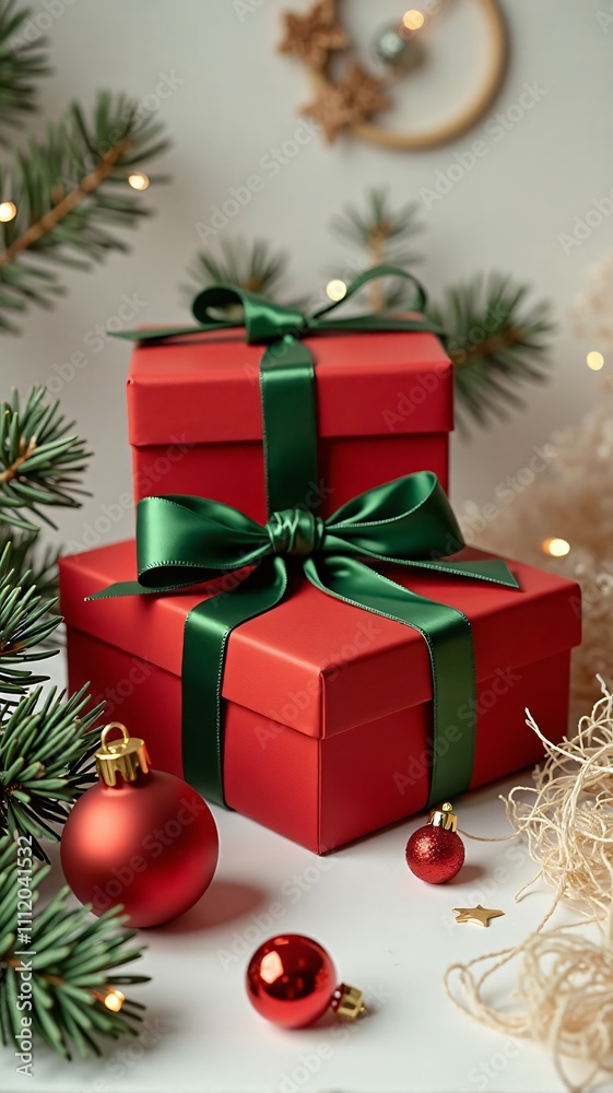 A red present with a green ribbon and candy canes sits beside Christmas ornaments and pine branches, creating a minimalist and cozy festive atmosphere, vertical orientation. A red present with a green ribbon and candy canes sits beside Christmas ornaments and pine branches, creating a minimalist and cozy festive atmosphere, vertical orientation.