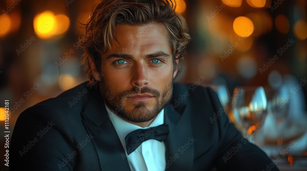 Confident businessman in a tailored suit dining at an upscale restaurant, smiling, relaxed, professional setting, luxury dining, elegant atmosphere, successful lifestyle, evening light. Confident businessman in a tailored suit dining at an upscale restaurant, smiling, relaxed, professional setting, luxury dining, elegant atmosphere, successful lifestyle, evening light.