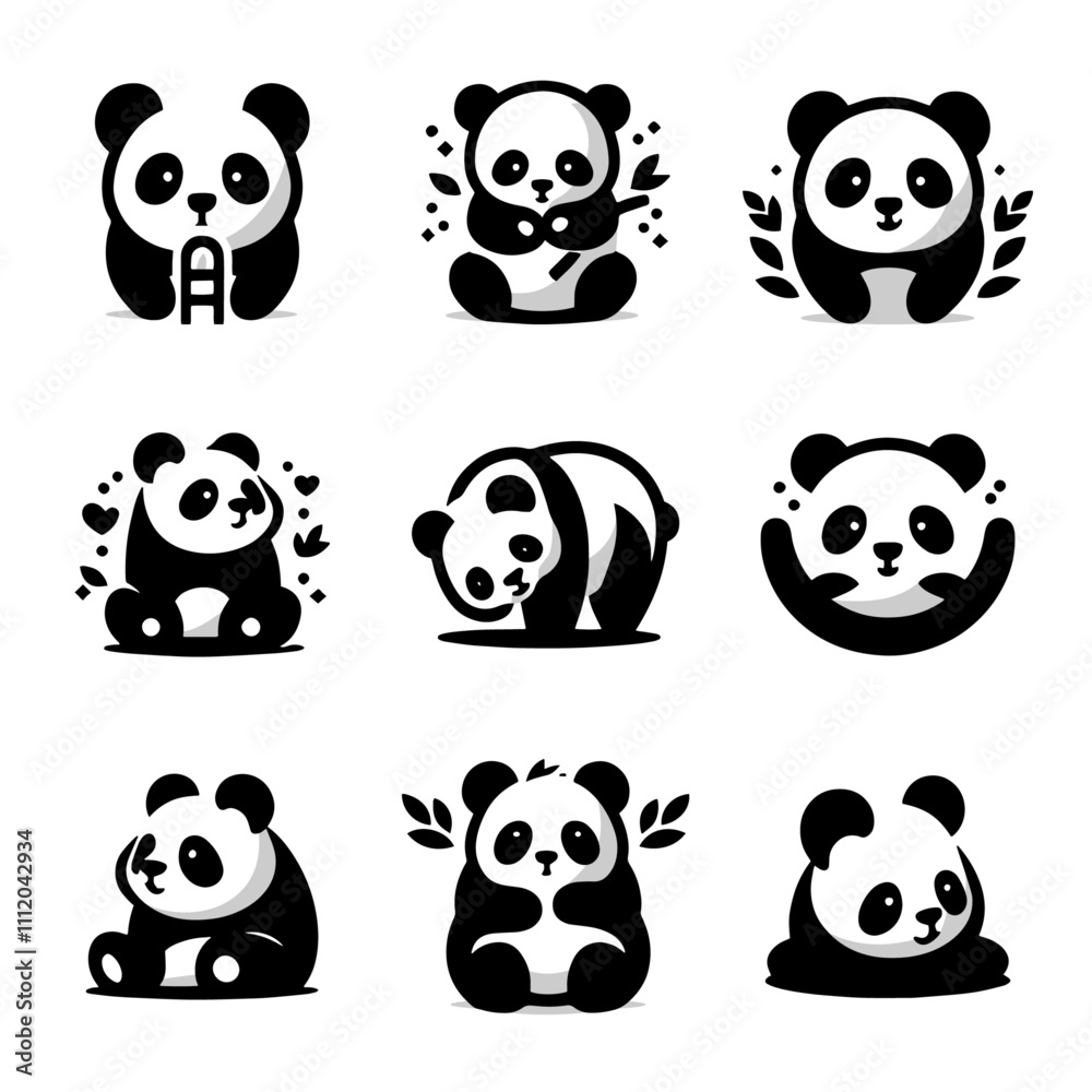 Obraz premium Adorable Panda Bear Collection: Nine Unique Poses in Black and White. Cute panda silhouette