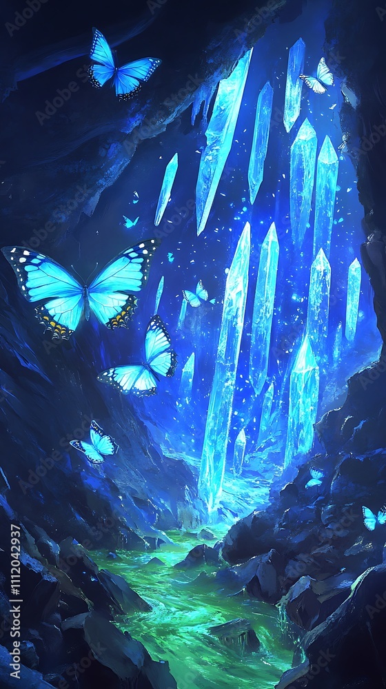 Fototapeta premium Charming Underground Fantasy Cavern with Glowing Crystals and Butterflies Illustration