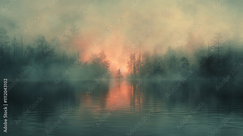 A misty morning over a tranquil lake with a reflection of the rising sun. A misty morning over a tranquil lake with a reflection of the rising sun.