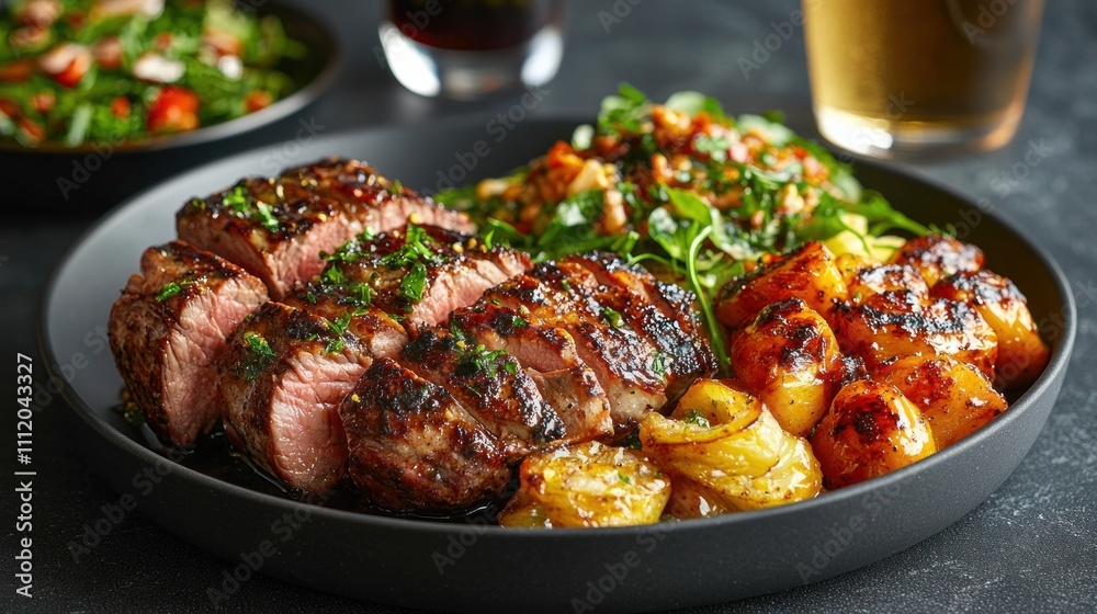 Delicious Grilled Steak with Roasted Potatoes and Fresh Salad on Plate Delicious Grilled Steak with Roasted Potatoes and Fresh Salad on Plate