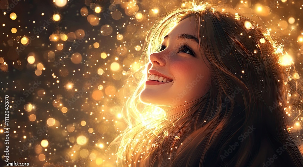 Radiant Beauty: Smiling Girl with Sparkling Eyes Amidst Magical Colorful Lights Radiant Beauty: Smiling Girl with Sparkling Eyes Amidst Magical Colorful Lights