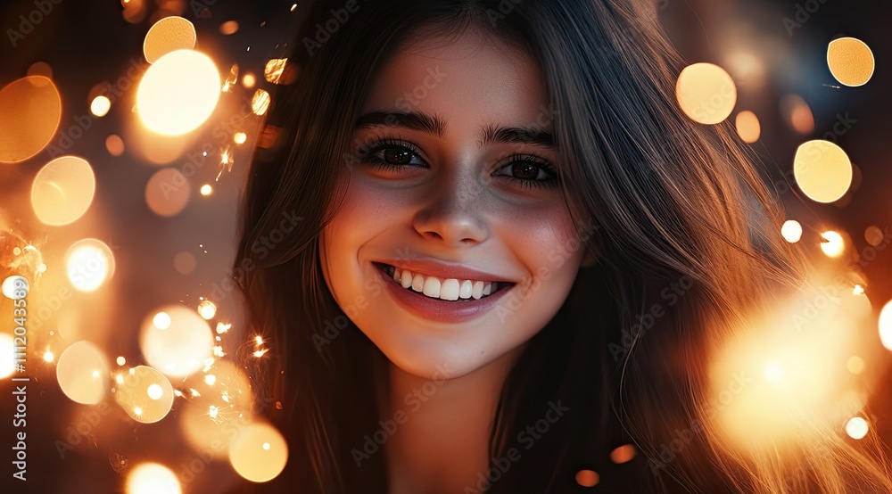 Radiant Beauty: Smiling Girl with Sparkling Eyes Amidst Magical Colorful Lights Radiant Beauty: Smiling Girl with Sparkling Eyes Amidst Magical Colorful Lights