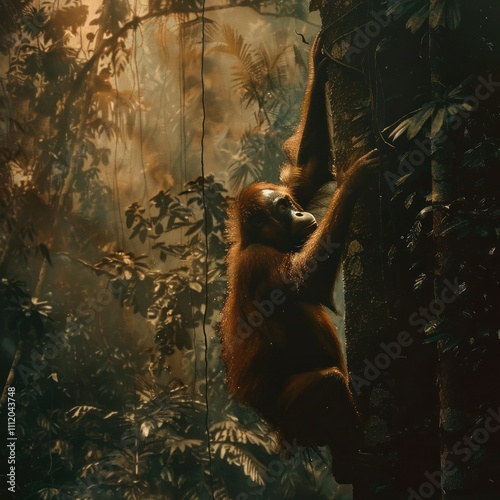 Orangutan climbing a tree in a tropical rainforest, young orangutan clinging closely, dense forest background illustrating their fragile home and conservation needs photo