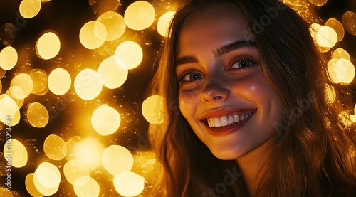 Radiant Beauty: Smiling Girl with Sparkling Eyes Amidst Magical Colorful Lights