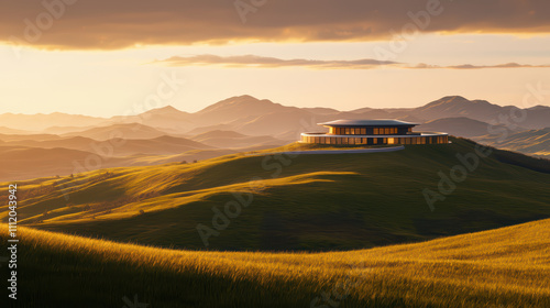 Futuristic architectural design on hilltop, surrounded by rolling green hills and mountains. sunset casts warm glow, enhancing serene landscape