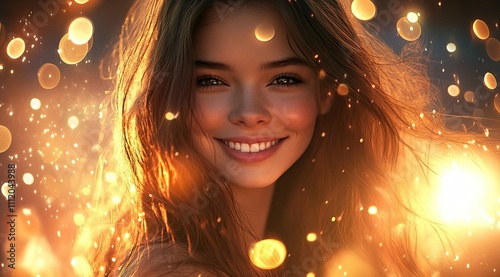 Radiant Beauty: Smiling Girl with Sparkling Eyes Amidst Magical Colorful Lights