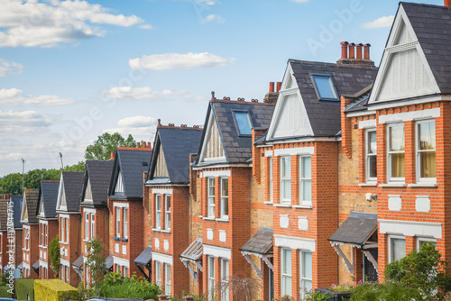 Row of identical English terraced houses in Crouch End, North London, UK